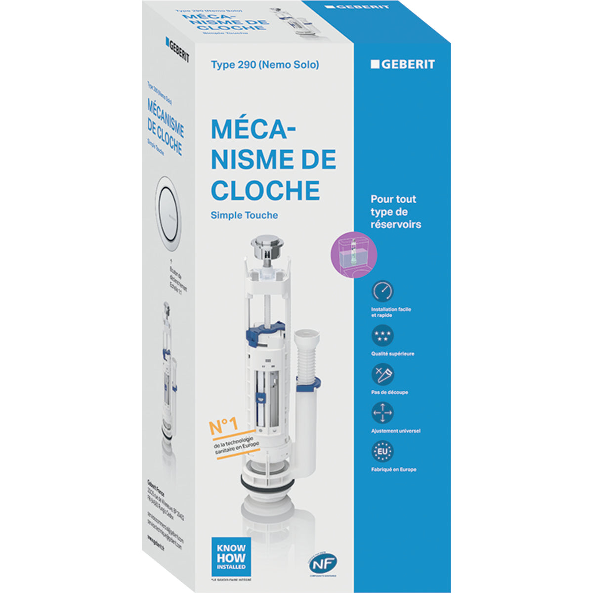 Mécanisme de chasse simple touche, interrompable et bassin type 290 Geberit | Réf: 282.000.21.3 | Pour réservoir en porcelaine