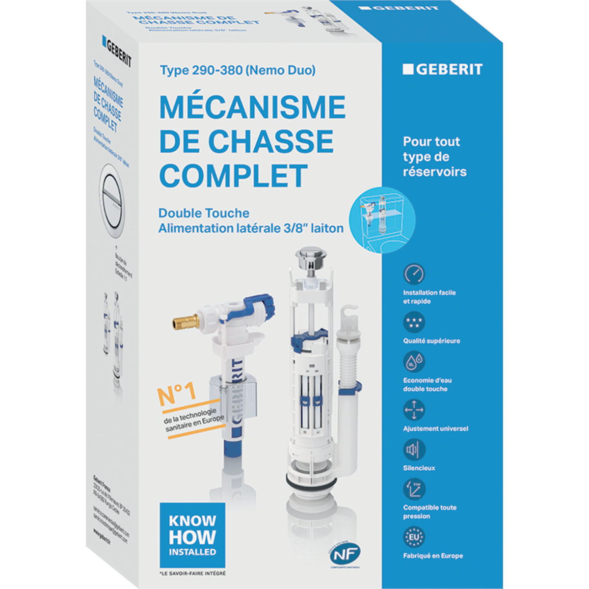 Chasse d'eau complet, double touche Geberit Type 290-380 | Réf: 283.307.21.2 | Pour réservoirs porcelaine