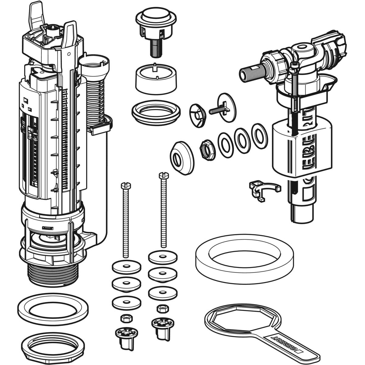 Chasse d'eau complet, simple touche interrompable Geberit Type 290-380 | Réf: 283.005.21.2 | Pour réservoirs porcelaine