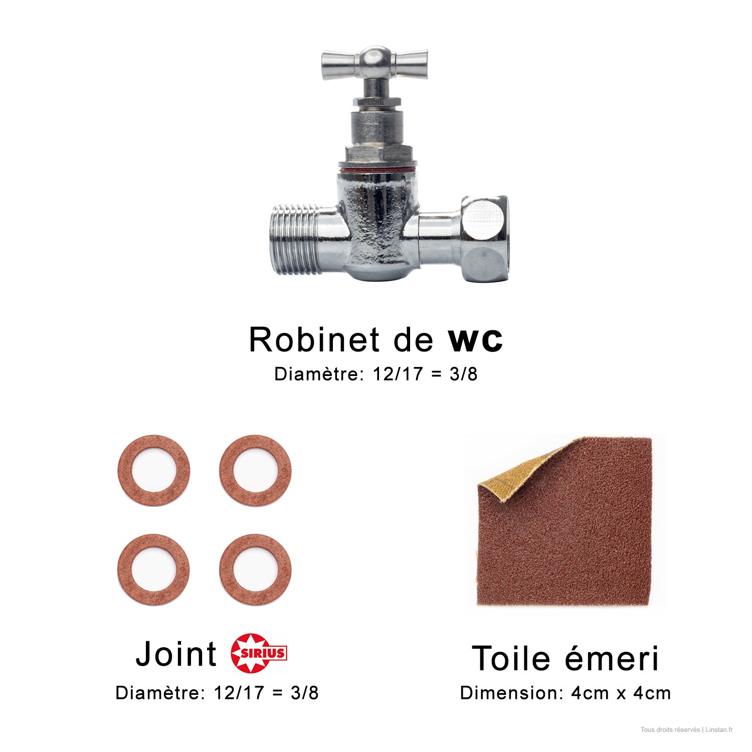 Kit robinet d’arrêt droit, à tête potence 4 joint 12/17 et une toile émerie avec description