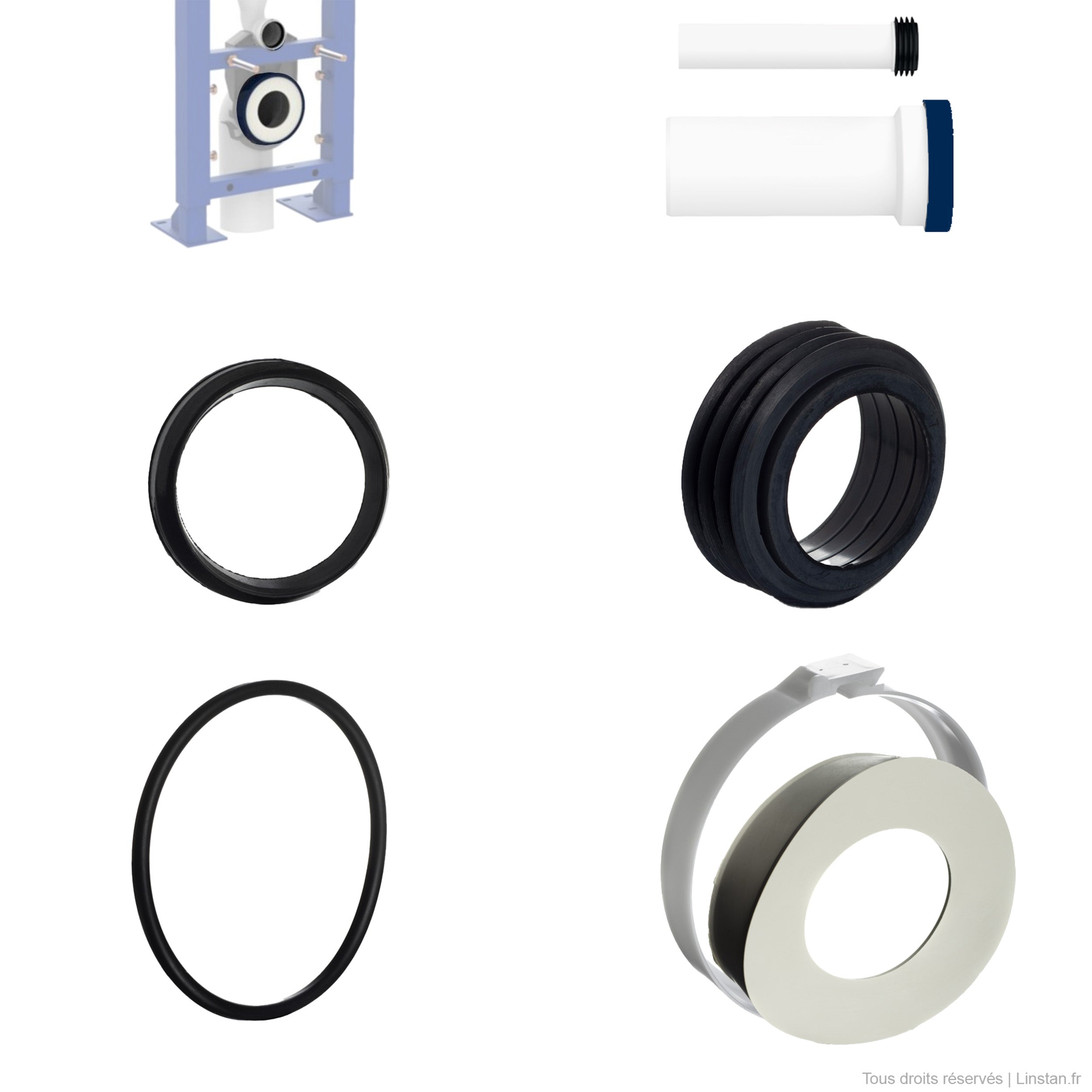 Kit de 4 joints et 2 bagues de serrage Siamp | Pour tuyaux de liaison entre le bâti-support Siamp et la cuvette