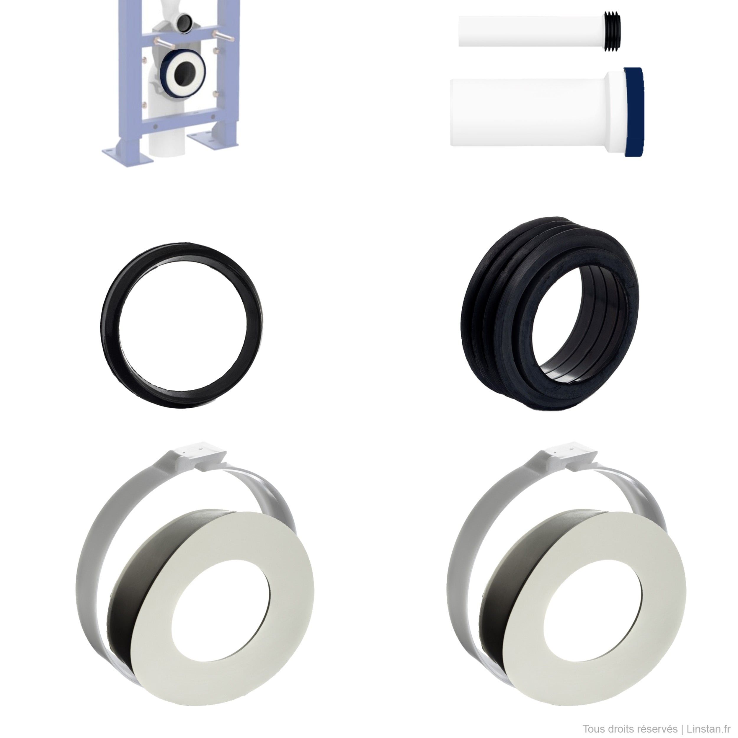 Kit de 4 joints et 2 bagues de serrage Siamp | Pour tuyaux de liaison entre le bâti-support Siamp et la cuvette