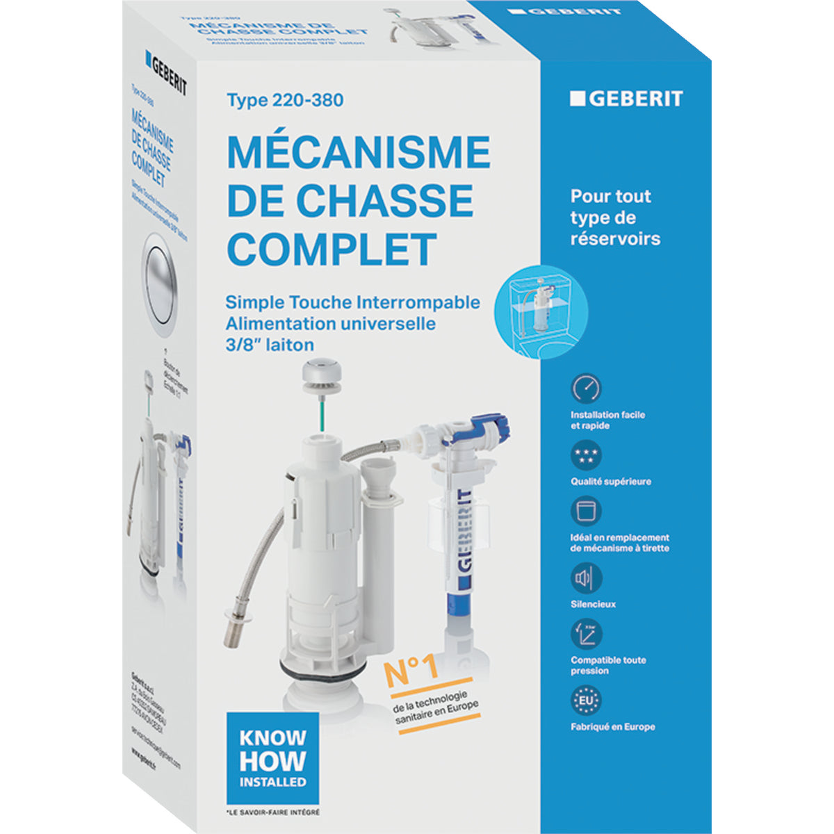 Chasse d'eau complet, simple touche interrompable avec flexible Geberit type 220 | Réf: 283.006.21.2 | Pour réservoirs en porcelaine porcher aspirambo
