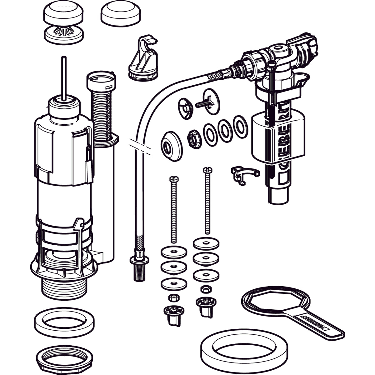 Chasse d'eau complet, simple touche interrompable avec flexible Geberit type 220 | Réf: 283.006.21.2 | Pour réservoirs en porcelaine porcher aspirambo